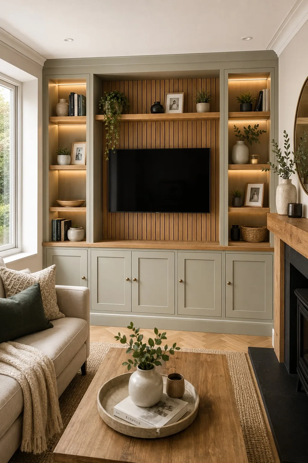 Bespoke media wall with slatted oak panelling, fitted alcove units and lit shelving by Cambridge Carpenter